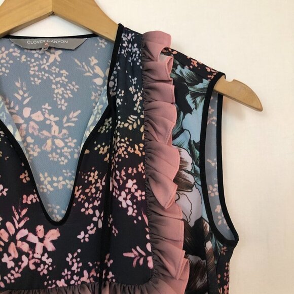 CLOVER CANYON ANTHROPOLOGIE Floral Sunset Ruffled Top Blue Pink Sleeveless Boho - Picture 9 of 14